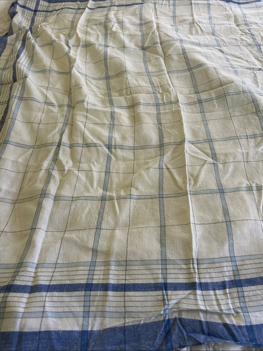 Swedish linen tablecloth Blue and Cream Plaid 46 x 46 two minor holes. Vintage
